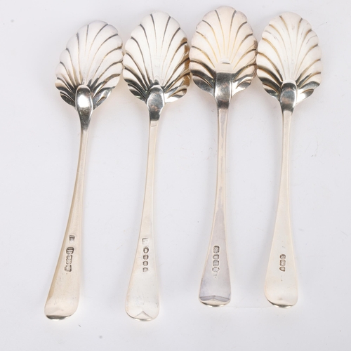 1573 - 4 George III silver shell tablespoons, various makers and dates, 21cm, 7.6oz total