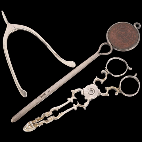 1576 - Various silver, including wishbone sugar tongs, South African penny letter opener, etc