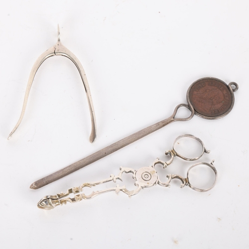 1576 - Various silver, including wishbone sugar tongs, South African penny letter opener, etc