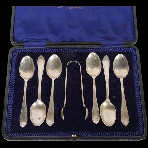 1581 - A cased set of 6 Edwardian silver teaspoons and sugar tongs, Levesley Brothers, Sheffield 1908, 13cm... 