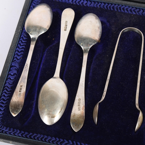 1581 - A cased set of 6 Edwardian silver teaspoons and sugar tongs, Levesley Brothers, Sheffield 1908, 13cm... 