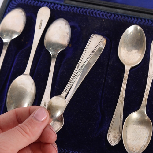 1581 - A cased set of 6 Edwardian silver teaspoons and sugar tongs, Levesley Brothers, Sheffield 1908, 13cm... 