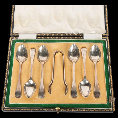 1582 - A cased set of 6 George V silver teaspoons and sugar tongs, Pinder Brothers, Sheffield 1913, 11cm, 3... 