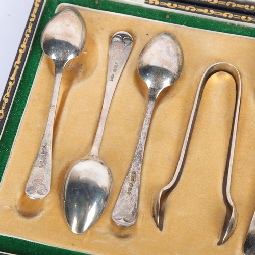 1582 - A cased set of 6 George V silver teaspoons and sugar tongs, Pinder Brothers, Sheffield 1913, 11cm, 3... 