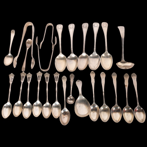 1587 - Various silver flatware, including sauce ladle, teaspoons, sugar tongs, etc, 12.4oz total