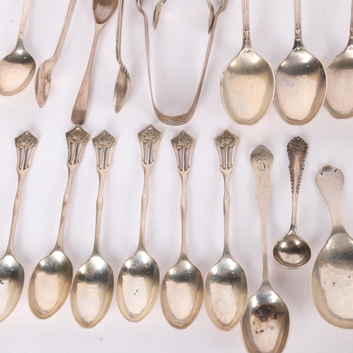 1587 - Various silver flatware, including sauce ladle, teaspoons, sugar tongs, etc, 12.4oz total