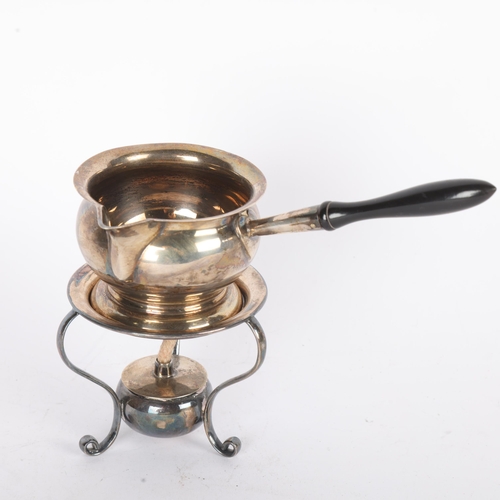 1606 - A late Victorian silver brandy warming pan on spirit burner stand, Atkin Brothers, Sheffield 1899, c... 