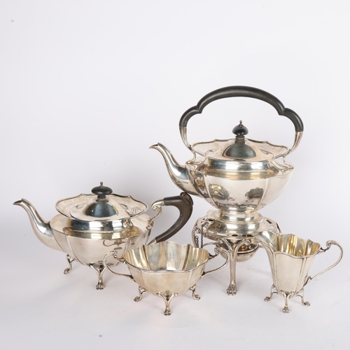 1608 - A George V silver 4-piece teaset, Walker & Hall, Sheffield 1913, comprising spirit kettle on burner ... 