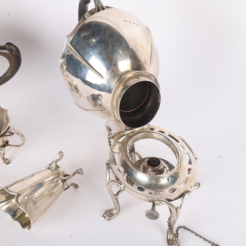 1608 - A George V silver 4-piece teaset, Walker & Hall, Sheffield 1913, comprising spirit kettle on burner ... 