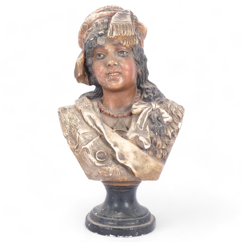 107 - An Antique painted plaster gypsy girl bust sculpture, in the manner of Goldscheider, 43cm