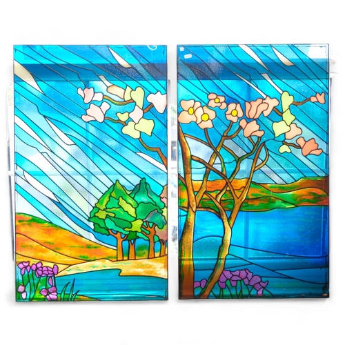 15 - 2 modern leadlight stained glass window panels, depicting countryside landscapes, each 87cm x 52cm