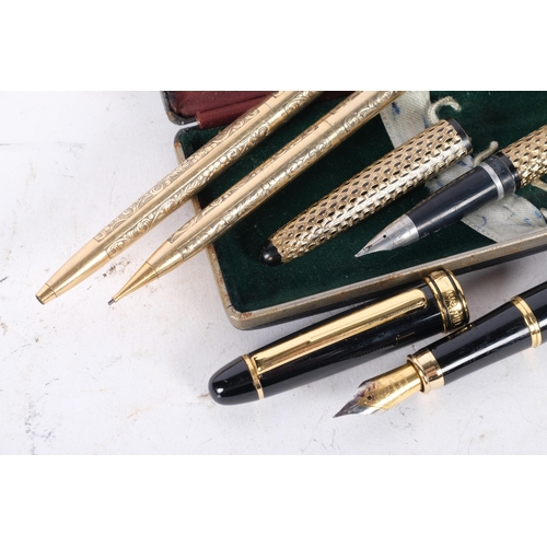 154 - 4 pens, including Sheaffer 14ct gold plated pen and pencil in presentation case, and Tildiem LA200 f... 