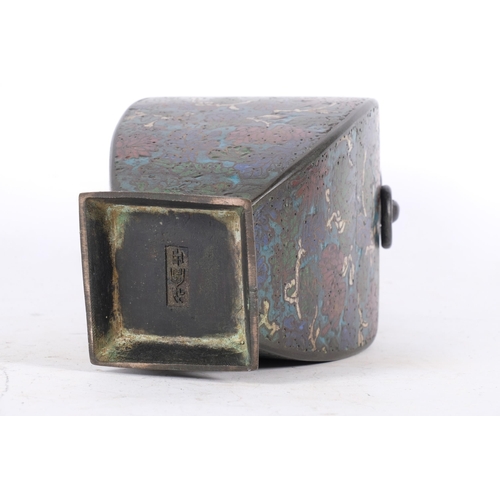 162 - Chinese Archaic style square-section bronze and champleve enamel vase with ring handles, height 24cm... 