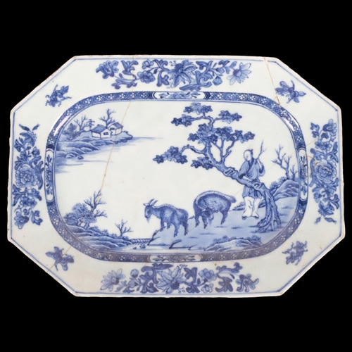 163 - A Chinese export blue and white porcelain meat dish, Qianlong Period, hand painted depicting shepher... 