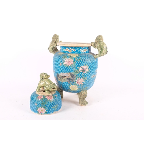 176 - A large Japanese enamel 'Peacock' Koro incense burner, with dog of fo handles and knop, H50cm