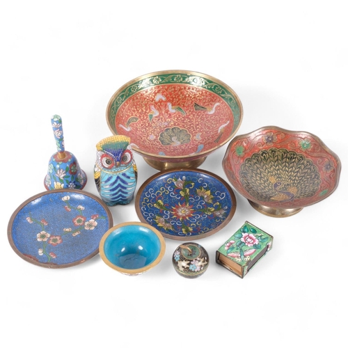 177 - Various Chinese cloisonne enamel items, including owl box, hand bell, etc