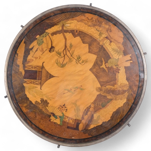 33 - A large Art Deco Japonisme lazy Susan, the single wood panel decorated with Japanese figures and lan... 