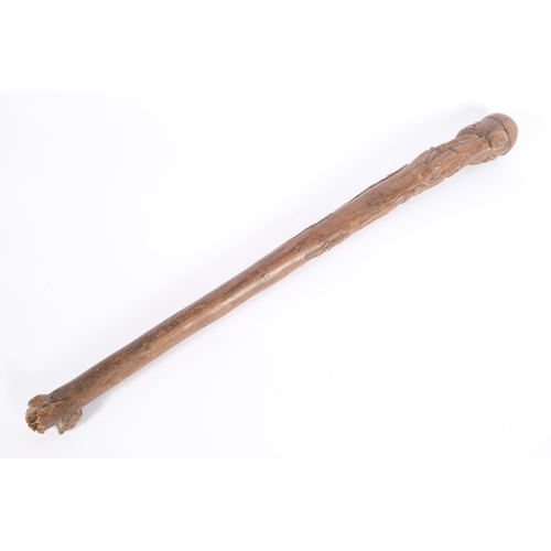 4 - WITHDRAWN - An Antique Folk Art stick/staff, heavily carved depicting figures boxing, smoking pipes ... 