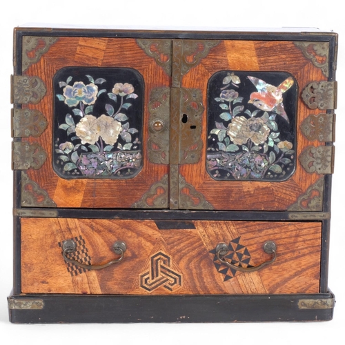 40 - A Japanese Meiji Period lacquered specimen wood kodansu table-top cabinet, circa 1910, the abalone a... 