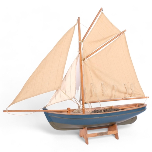 54 - A Vintage wooden hulled 'The Prawner' model boat on stand, hull 45cm, H54cm