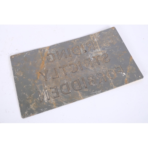 77 - A Vintage pressed aluminium 'Riding Strictly Forbidden' warning sign, by Hills of London, 23cm x 41c... 