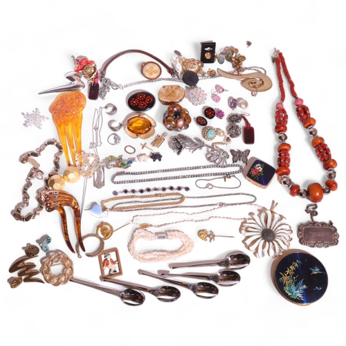 1101 - Various Vintage costume jewellery, including mother-of-pearl pig charm, marcasite brooches, pearl ne... 