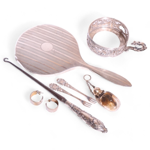 1107 - Various silver and plate, including silver dressing table hand mirror, silver-handled button hook, m... 