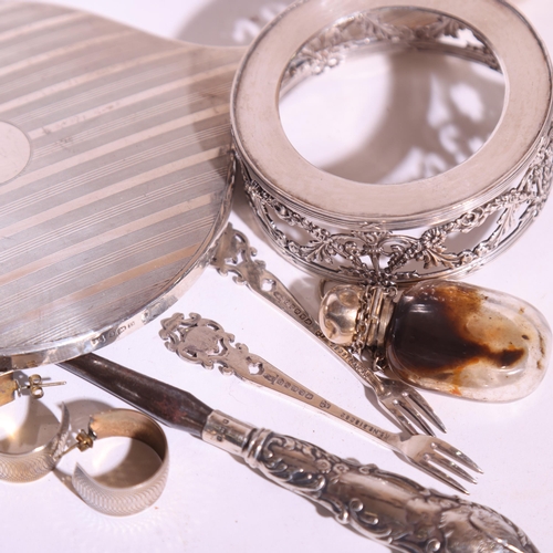 1107 - Various silver and plate, including silver dressing table hand mirror, silver-handled button hook, m... 