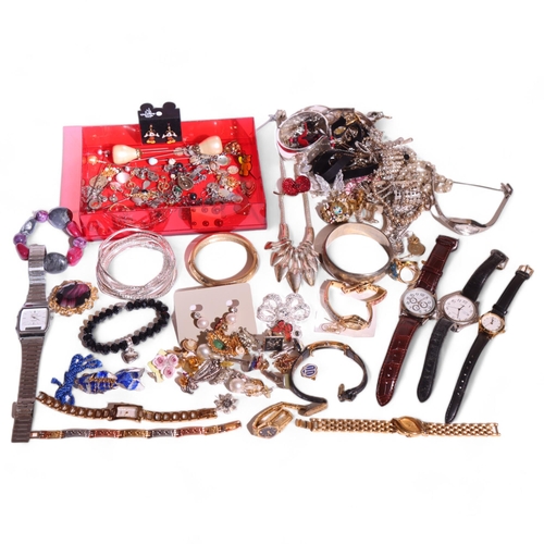 1108 - Various costume jewellery and wristwatches, including articulated fish brooch, necklace, earrings, e... 