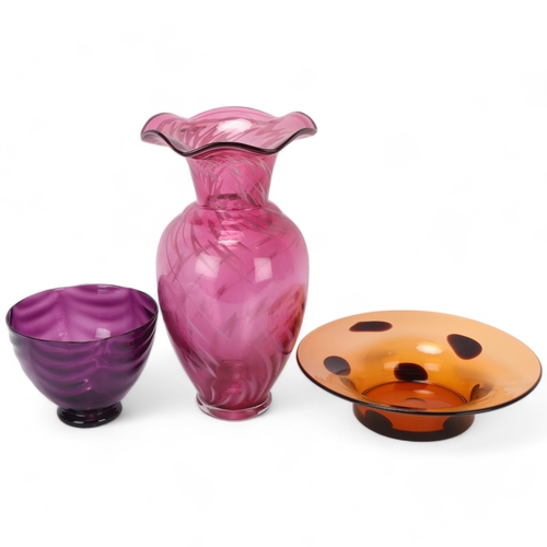 621 - 3 pieces of mid 20th century hand blown glass, all unsigned, vase height 31cm