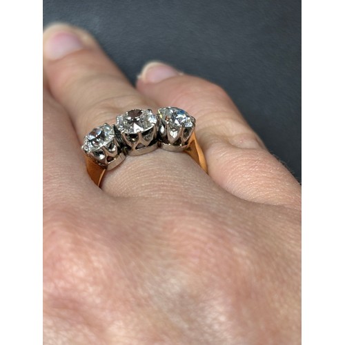 1173 - An 18ct gold three stone diamond ring, set with 3 old-cut diamonds totally approximately 2.4ct (0.9 ... 