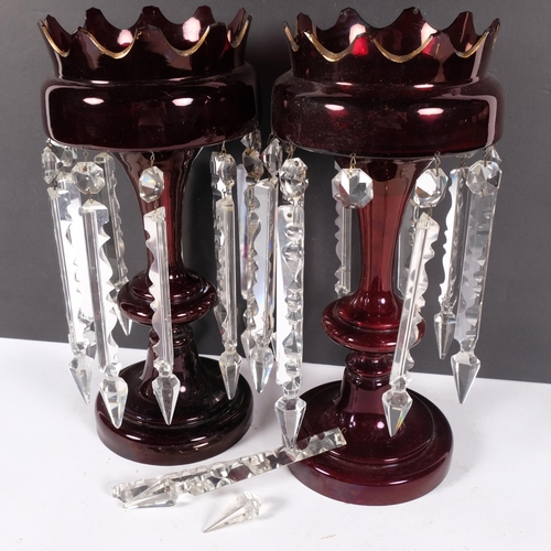 421 - A pair of ruby glass table lustres, with arrowhead cut-glass drops, 33cm