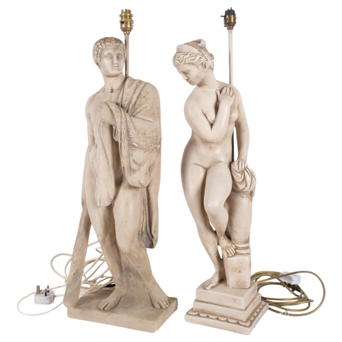 422 - A pair of Vintage moulded plaster table lamp bases, modelled as Classical figures, height overall 70... 