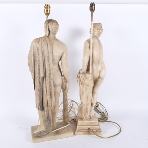 422 - A pair of Vintage moulded plaster table lamp bases, modelled as Classical figures, height overall 70... 