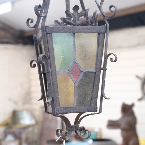 431 - A wrought-iron 4-sided ceiling light, with leadlight glass panels, H45cm approx