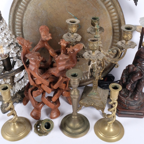 440 - Lamps and candelabra, including an Art Nouveau style cherub figure table lamp, H56cm