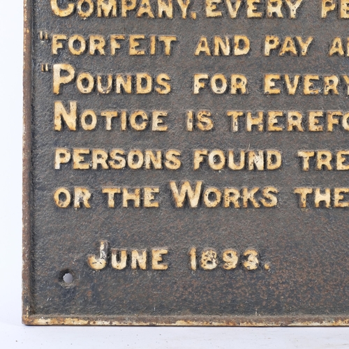 442 - RAILWAY INTEREST - Victorian cast-iron Midland Railway sign, dated 1893, regarding trespassing on th... 