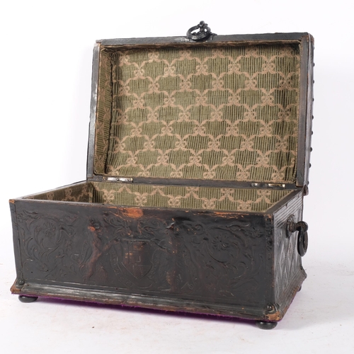 456 - An early 19th century embossed leather-covered casket, various designs including portrait, birds and... 