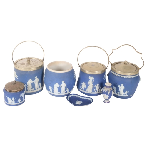 460 - 3 Wedgwood jars and covers with plated mounts, a barrel, a small Wedgwood blue Jasper jar with silve... 