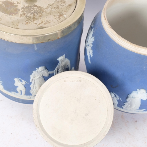 460 - 3 Wedgwood jars and covers with plated mounts, a barrel, a small Wedgwood blue Jasper jar with silve... 