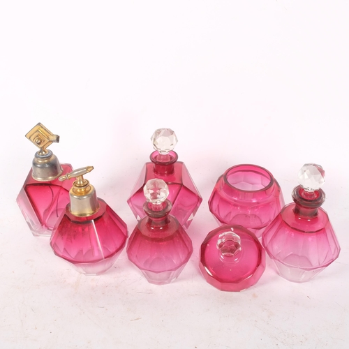 462 - A group of 5 Vintage cranberry glass scent bottles, tallest 15cm, and a jar and cover