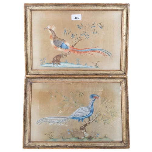 465 - A pair of Antique framed Oriental paintings on silk, depicting pheasants and foliage, 28cm x 40.5cm ... 