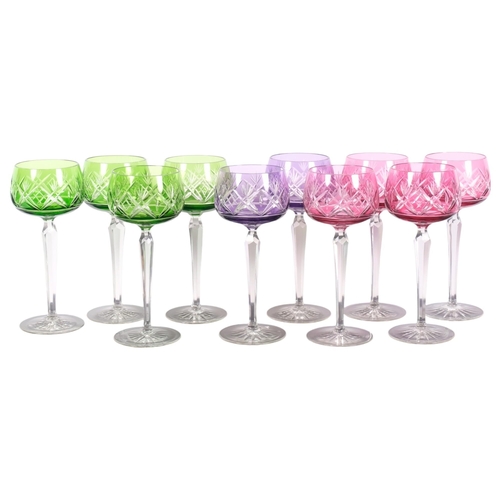 472 - A set of 10 coloured glass overlay wine glasses, H18.5cm