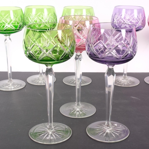 472 - A set of 10 coloured glass overlay wine glasses, H18.5cm