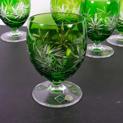 484 - A set of 6 Bohemian green overlay crystal goblets, H12cm