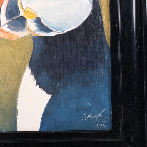 627 - Clive Fredriksson, acrylics on board, study of a puffin, framed, 37cm x 27cm overall