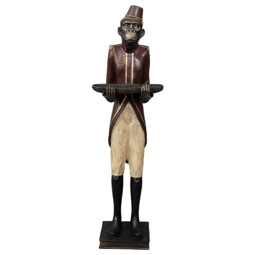 639 - A painted composition monkey figure dumb waiter on stand, H98cm