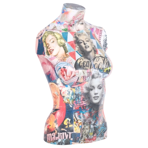 640 - A composition female tailor's dummy/mannikin, with collage of Marilyn Monroe, etc, H57cm