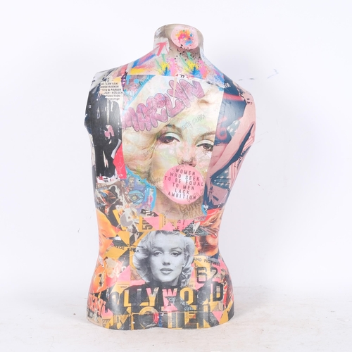 640 - A composition female tailor's dummy/mannikin, with collage of Marilyn Monroe, etc, H57cm