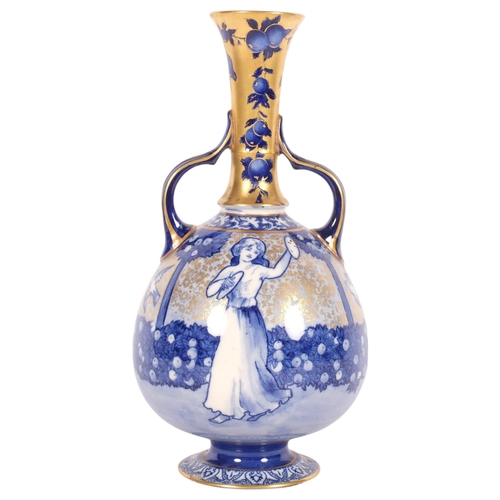 650 - A Doulton Burslem ivory porcelain 2-handled vase, gilded blue transfer printed decoration, model no.... 